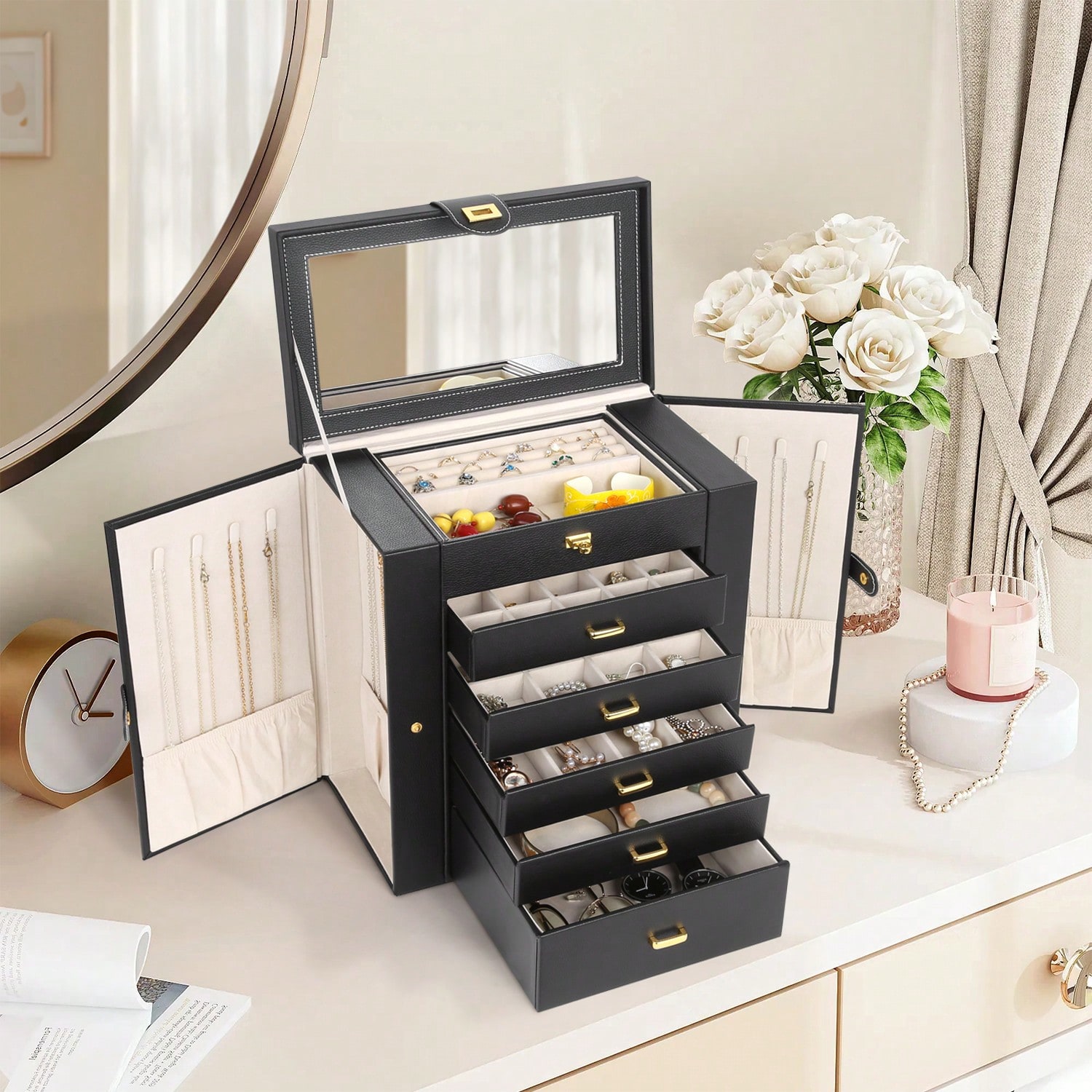 Drawer Organizer Bamboo - 6-Tier PU Leather Jewelry Box with
