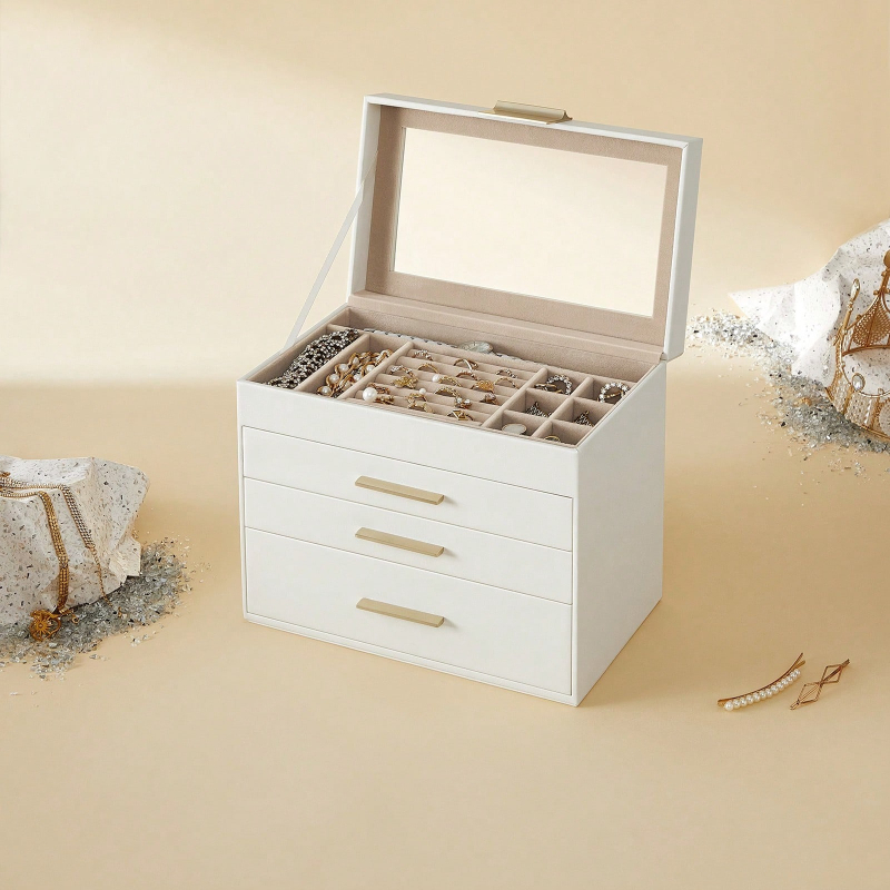 Drawer Organizer Bamboo - 4-Layer Jewelry Organizer with Glass Lid