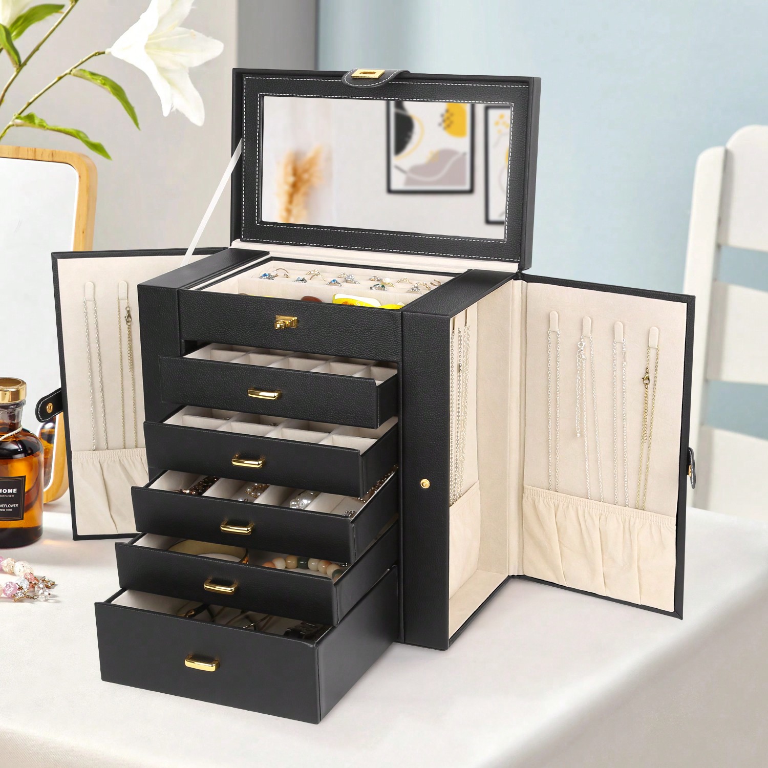6-Tier PU Leather Jewelry Box  - Drawer Organizer Bamboo 评论和价格