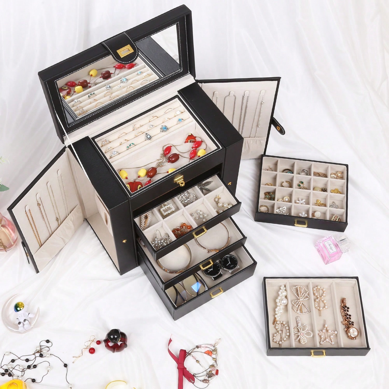 6-Tier PU Leather Jewelry Box  - Drawer Organizer Bamboo 评论和价格